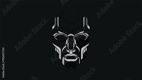 Futuristic Metallic Mask With Intense Gaze On Black Background.
