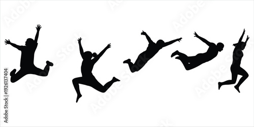 Silhouettes of five people jumping and celebrating on a white background celebration