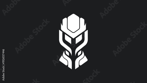 Futuristic Robotic Mask Emblem Design on Black Background.