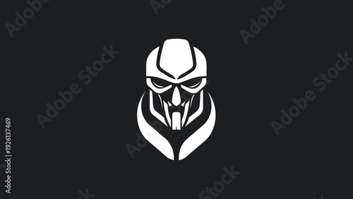Futuristic Robotic Mask Emblem Design White On Black.