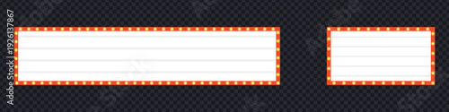 Retro theater marquee and cinema light box sign board set. Blank outdoor movie signage with glowing bulbs for message display. Vector Illustration.