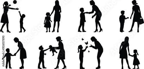 Silhouette Collection Of Mothers And Children Interacting In Various Activities family