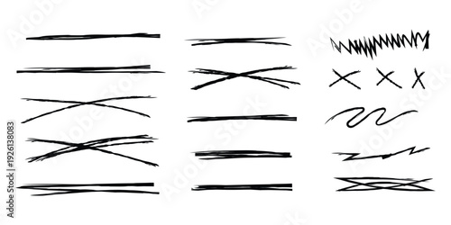 Hand drawn marker strokes and scribble underlines set. Collection of black messy pencil lines, crosses, and zigzags for highlighting text. Vector Illustration.