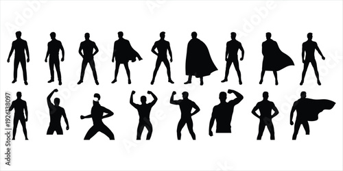 Silhouette Collection Of Male Superheroes In Various Poses With Capes And Without vector illustration