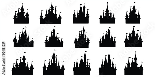 Silhouette Collection Of Fairytale Castles With Flags On White Background fantasy architecture