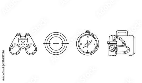 clock mechanism isolated on white background A minimalist outline vector icon set of outdoor gear arranged in a clean horizontal row on a solid white background. The set includes binoculars with symme