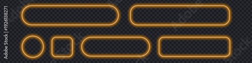 Golden neon glowing rounded rectangle frames on transparent background. Set of futuristic yellow light borders for digital banner and UI design. Vector Illustration.