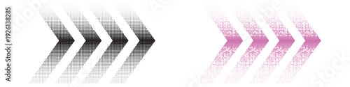 Halftone arrow set and speed gradient chevron symbols. Black and pink dotted directional icons for movement and progress. Vector Illustration.