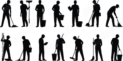 Janitor and cleaning worker silhouettes set, professional cleaners with mop broom bucket isolated black shadow figures collection