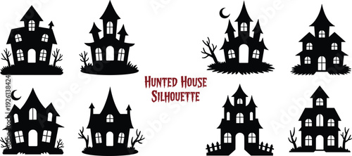 Set of black silhouette haunted houses with spooky elements and moon Keywords: haunted house, spooky, scary, Halloween