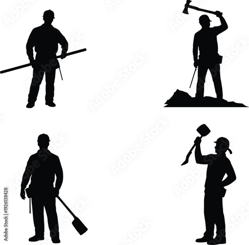   
Labor Silhouette Icons Set Featuring Shovel, Axe, Paddle, and Hammer Tasks Representing Diverse Manual Professions and Occupations
