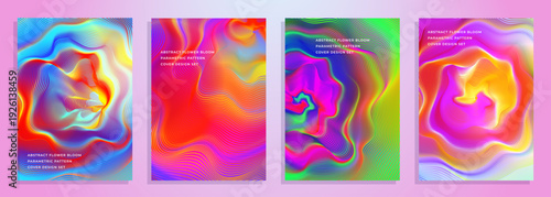 Abstract fluid wavy lines pattern for modern cover poster background design set. Bright multicolored parametric wave covers featuring flowing contour lines and organic shapes vivid gradients.