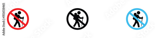 No hiking icon set. Trekking prohibited symbols for hikers and outdoor adventure restriction. Vector Illustration.