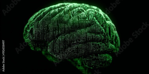 Glowing green brain made of binary code on dark background
