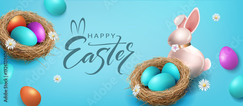Happy Easter. Festive blue card with a straw nest and a bunny.