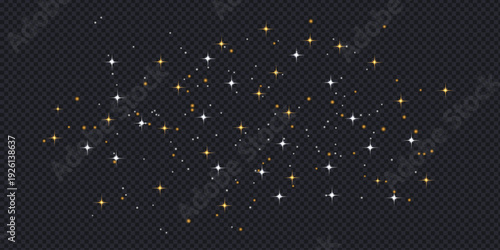 Gold and white sparkling stardust and glitter stars on dark transparent background. Glowing magic light effect for luxury festive decoration. Vector Illustration.