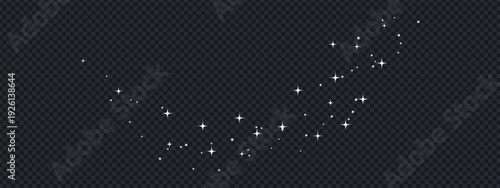 White sparkling stardust trail and glittering stars on transparent background. Magic light effect for festive decoration and night sky design. Vector Illustration.