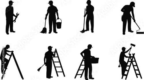Maintenance and Cleaning Worker Silhouette Icons Set Featuring Sweeping, Painting, Ladder Work, Carrying, and Repair Tasks