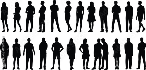 Large Silhouette Collection Of Men And Women In Various Poses On White Background people group