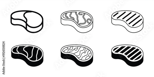 Meat icon set, beef vector illustration, steak symbol, BBQ sign, raw meat pictogram, grilled steak icon for top ranked food and hospitality visuals, cooking menus, barbecue party graphics