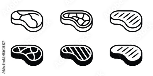 Meat icon set, beef vector illustration, steak symbol, BBQ sign, raw meat pictogram, grilled steak icon for ranked food graphics, restaurant menus, butcher shop branding, culinary app designs