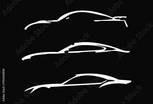 Minimal Car Outline Silhouette Set in White Line Art on Black Background