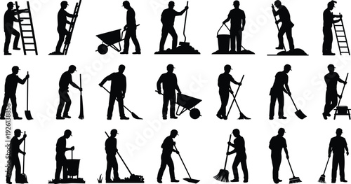 Manual labor worker silhouettes, construction and maintenance illustration, broom and shovel art, ladder and wheelbarrow design, workforce diversity representation