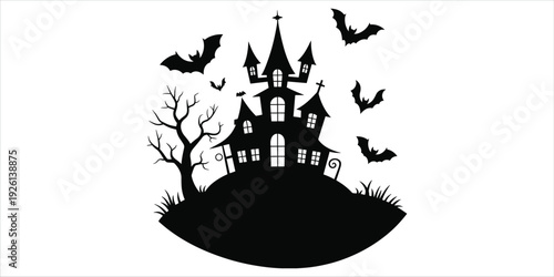 Haunted house silhouette with bats and bare tree on white background Keywords: Halloween, haunted house, spooky, silhouette
