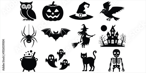 Halloween Themed Silhouettes Including Witch Owl Pumpkin Spider And Haunted House vector illustration