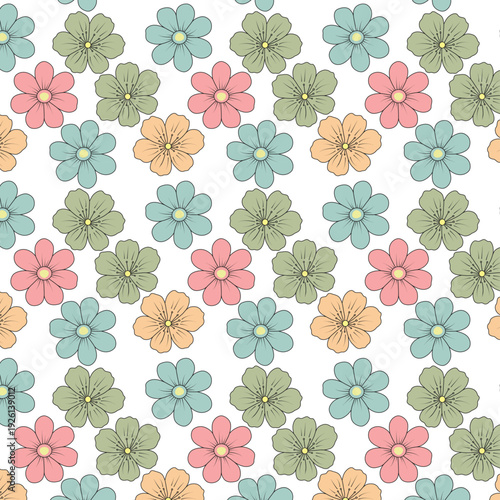 Retro Flower Pattern Repeating Seamlessly with Pastel Colors Isolated on White Background
