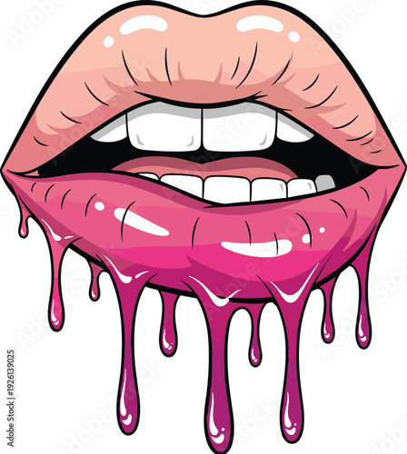 Dripping glossy lips illustration with pink lipstick and open mouth vector pop art style isolated on white background fashion beauty design