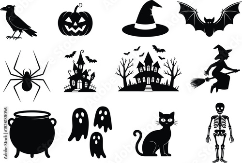 Halloween themed black silhouette icons including witch, bat, spider, and pumpkin Keywords: Halloween, spooky, scary, witch, bat