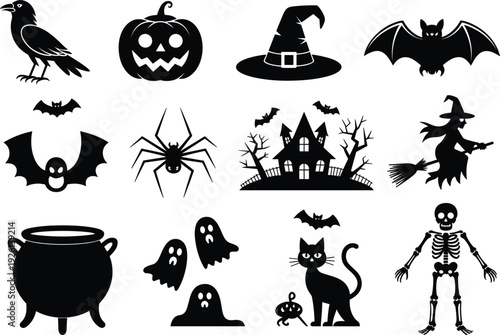 Halloween Icons Black Silhouettes Of Raven Pumpkin Hat Bat Spider House Witch Keywords: halloween, icon, silhouette, black