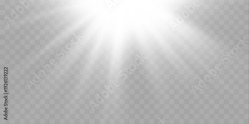 Soft white sunbeams with layered gradient halo, radiant edges, and floating sparkles. vector
