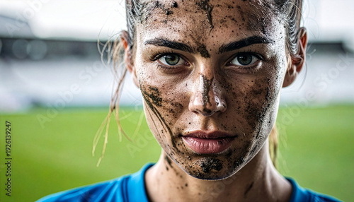 Portrait of female soccer player with muddy face and green eyes