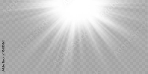 Soft glowing white sun rays with radiant core, smooth halo, and floating light streaks. vector

