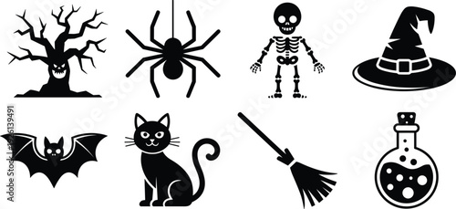 Halloween black silhouette icons of spooky tree spider skeleton witch hat bat cat broom potion vector