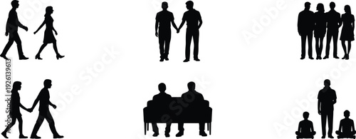 People silhouettes collection walking couple group sitting friendship lifestyle set, social interaction people illustration concept pack