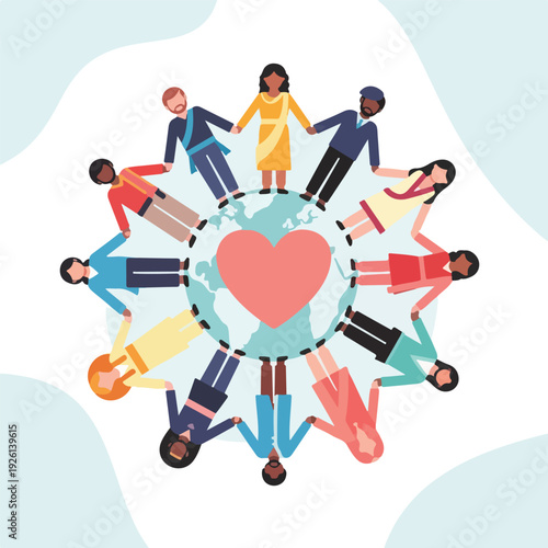 Diverse people around the globe holding hands with heart
