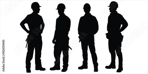 Four black silhouette construction workers wearing hard hats and tool belts vector illustration