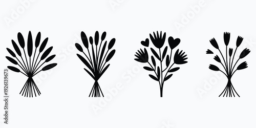 Four black silhouette bouquets of stylized flowers and leaves icon