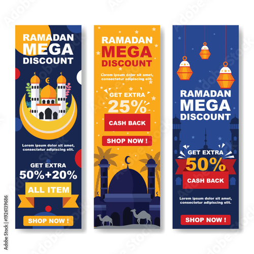 Ramadan mega discount banners featuring mosques crescent moons and promotional offers