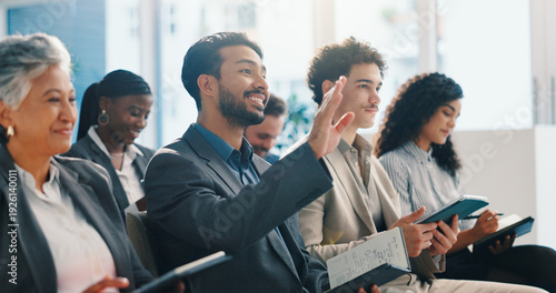 Fotografía Business, man and raised hand with question in seminar for participation, answer speaker and attention