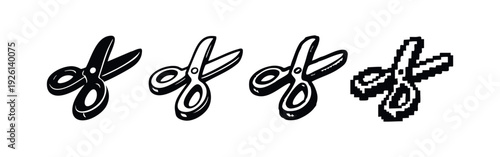 Angled Open Scissors Icons Set in Solid, Outline, Hand-Drawn, and Pixel Styles