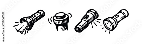 Hand drawn flashlight with light beams and details icon set, sketch style torch and button vector collection.