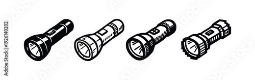 Flashlight vector icons set with different textures and styles, hand drawn torch collection in outline and solid.