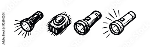 Hand drawn flashlight and light beam icons set, sketch style torch with light rays vector illustration, lighting symbols.