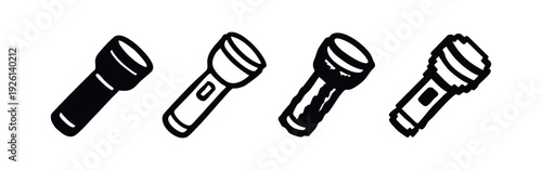 Flashlight vector icon set in various solid and outline styles, hand drawn torch collection in black and white.