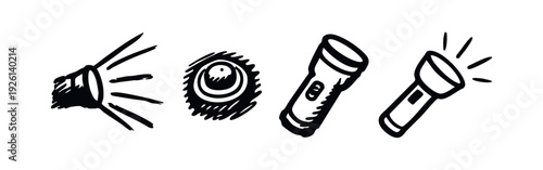 Hand drawn flashlight and light source icons set, sketch style torch with beams vector illustration, search symbols.