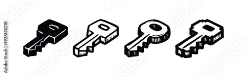 Hand-drawn isometric key icons set. Sketchy doodle style security and access symbols for locking and unlocking.